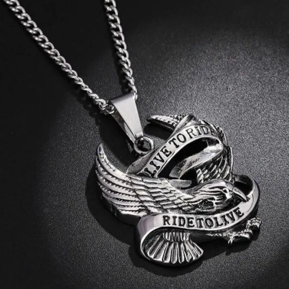 22 inch Necklace Pendant of Eagle in Flight with Banner Live to Ride Slogan - Picture 1 of 5